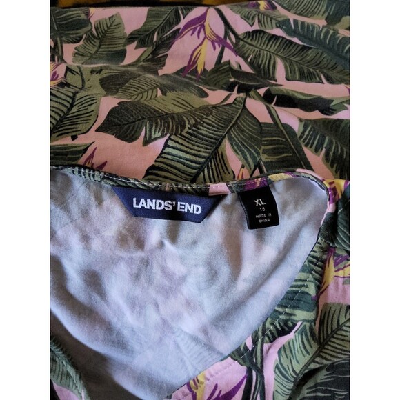 Land's End XL Sz 18 Maxi Dress V Neck Palm Leaves Pink Green Tropical Crossover - Picture 5 of 9